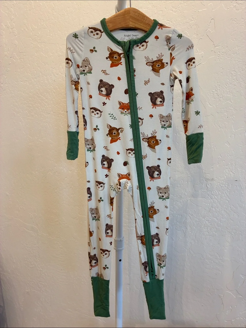 Angel Dear Cream Woodland Animal Zip One-Piece Pajamas with Green Trim